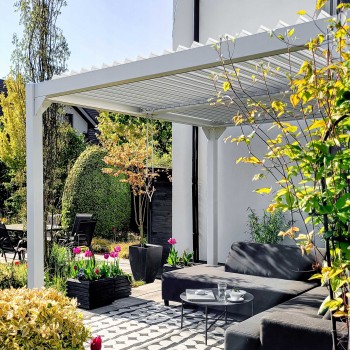 Terrassenpergola aus Aluminium für Wandmontage, weiß - Kea VII 4x3m GRINDI IN THE GARDEN - 6