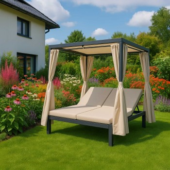 Doppel-Gartenliege mit Sonnendach, Lounge-Pavillon, Gartenschaukel - Kayan I - 207x147x205 beige GRINDI - 1