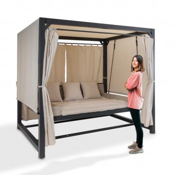 Doppel-Gartenliege mit Sonnendach, Lounge-Pavillon, Gartenschaukel - Sumba I - 236x180x210 beige GRINDI - 16