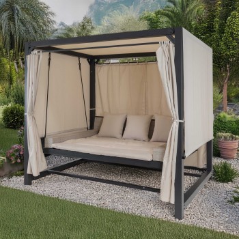 Doppel-Gartenliege mit Sonnendach, Lounge-Pavillon, Gartenschaukel - Sumba I - 236x180x210 beige GRINDI - 1