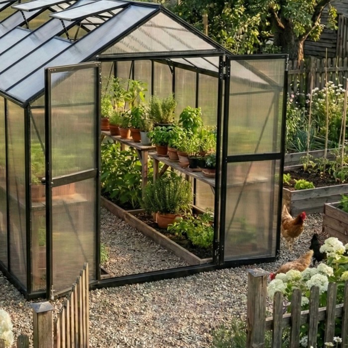 Gewächshaus Gartenhaus Treibhaus Alu Polycarbonat - Verbena II schwarz - 3x2,5m GRINDI - 7