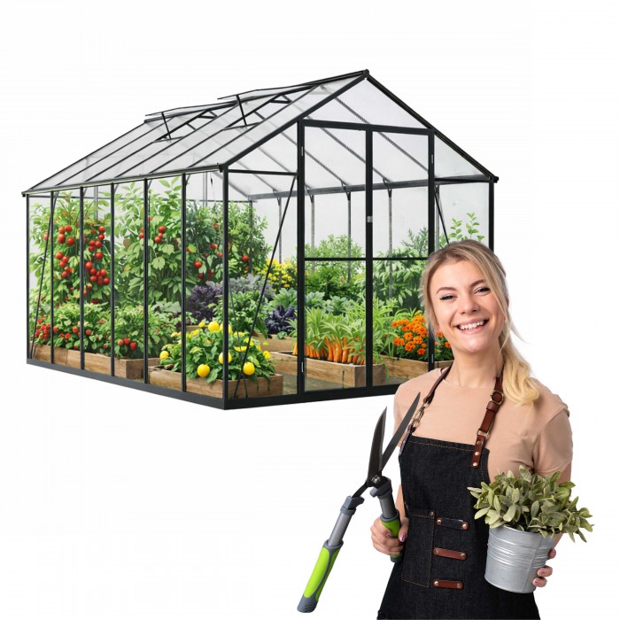 Gewächshaus Gartenhaus Treibhaus Alu Polycarbonat - Verbena III schwarz - 3,6x2,5m GRINDI - 1