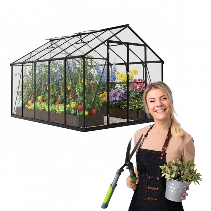 Gewächshaus Gartenhaus Treibhaus Alu Polycarbonat - Verbena II schwarz - 3x2,5m GRINDI - 1