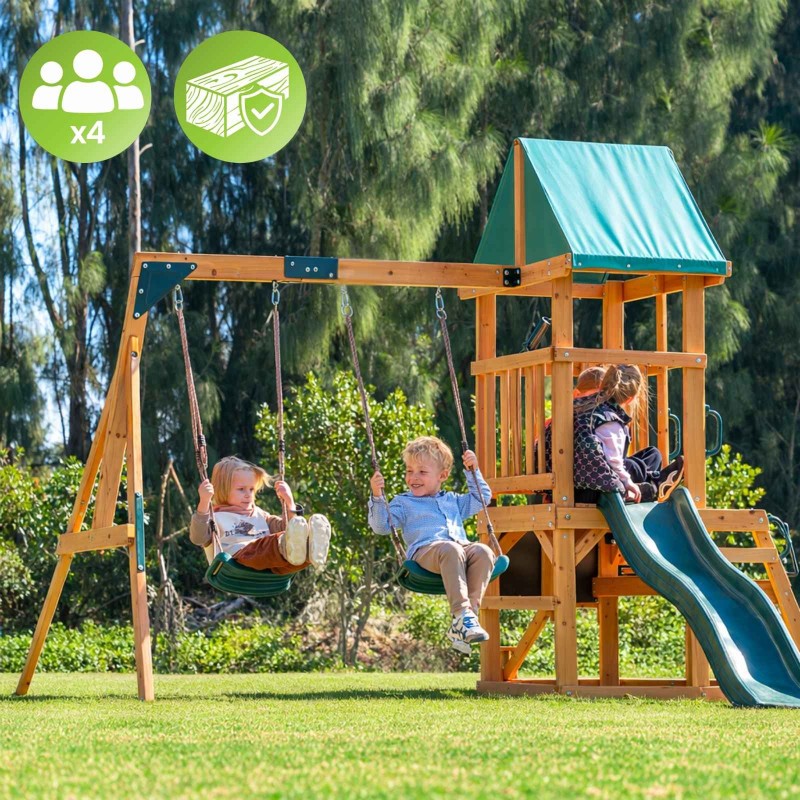 Holzspielplatz für Kinder im Garten mit Schaukel, Rutsche und Kletterwand – 6-in-1 Funland II GRINDI - 8