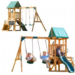 Holzspielplatz für Kinder im Garten mit Schaukel, Rutsche und Kletterwand – 6-in-1 Funland II GRINDI - 1