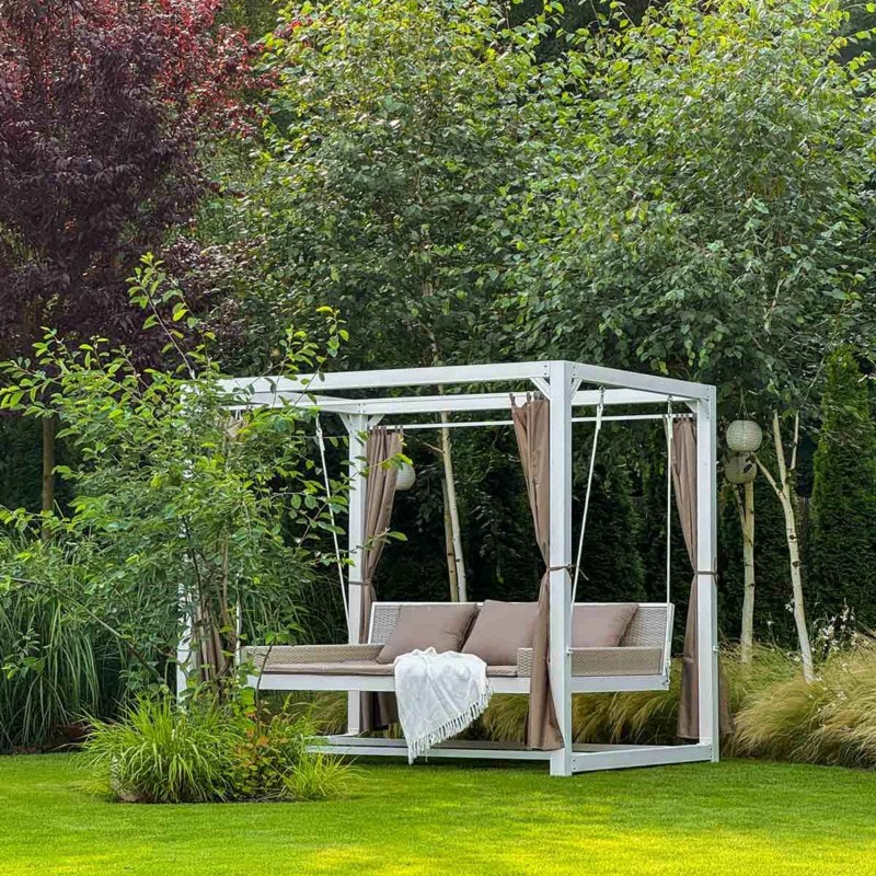 Doppel-Gartenliege mit Sonnendach, Lounge-Pavillon, Gartenschaukel - Sumba I - 236x180x210 braun