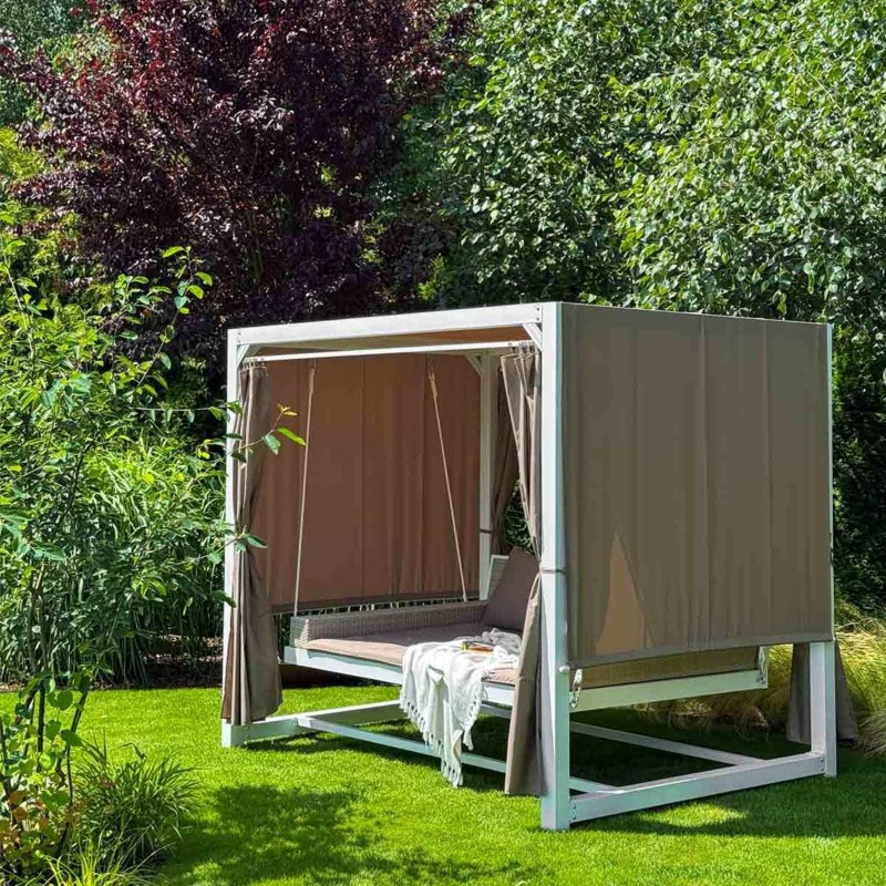 Doppel-Gartenliege mit Sonnendach, Lounge-Pavillon, Gartenschaukel - Sumba I - 236x180x210 braun