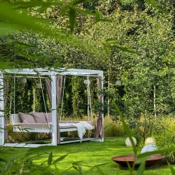 Doppel-Gartenliege mit Sonnendach, Lounge-Pavillon, Gartenschaukel - Sumba I - 236x180x210 braun
