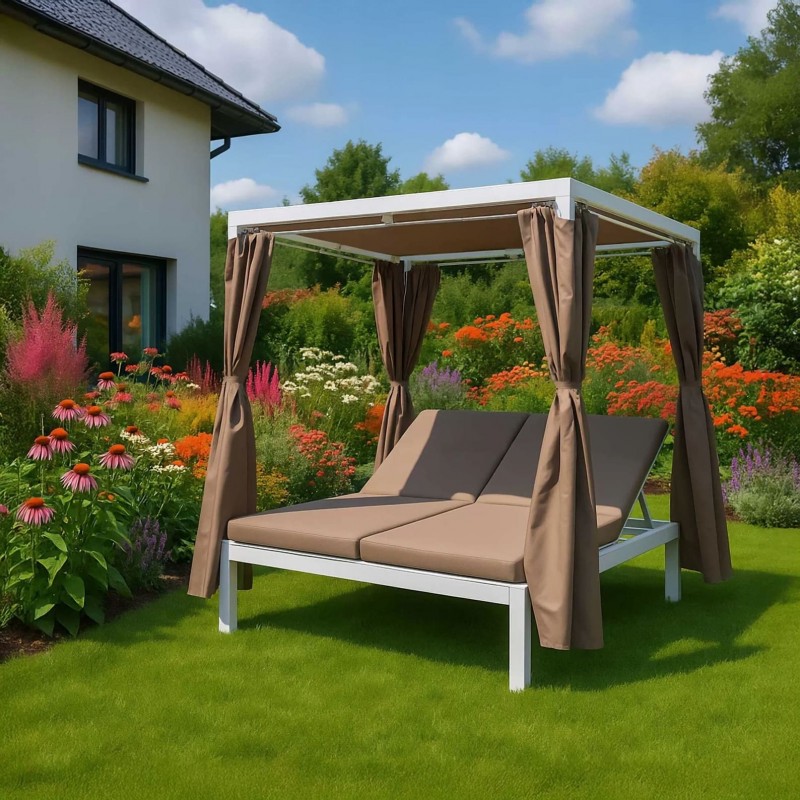 Doppel-Gartenliege mit Sonnendach, Lounge-Pavillon, Gartenschaukel - Kayan I - 207x147x205 braun