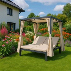 Doppel-Gartenliege mit Sonnendach, Lounge-Pavillon, Gartenschaukel - Kayan I - 207x147x205 beige