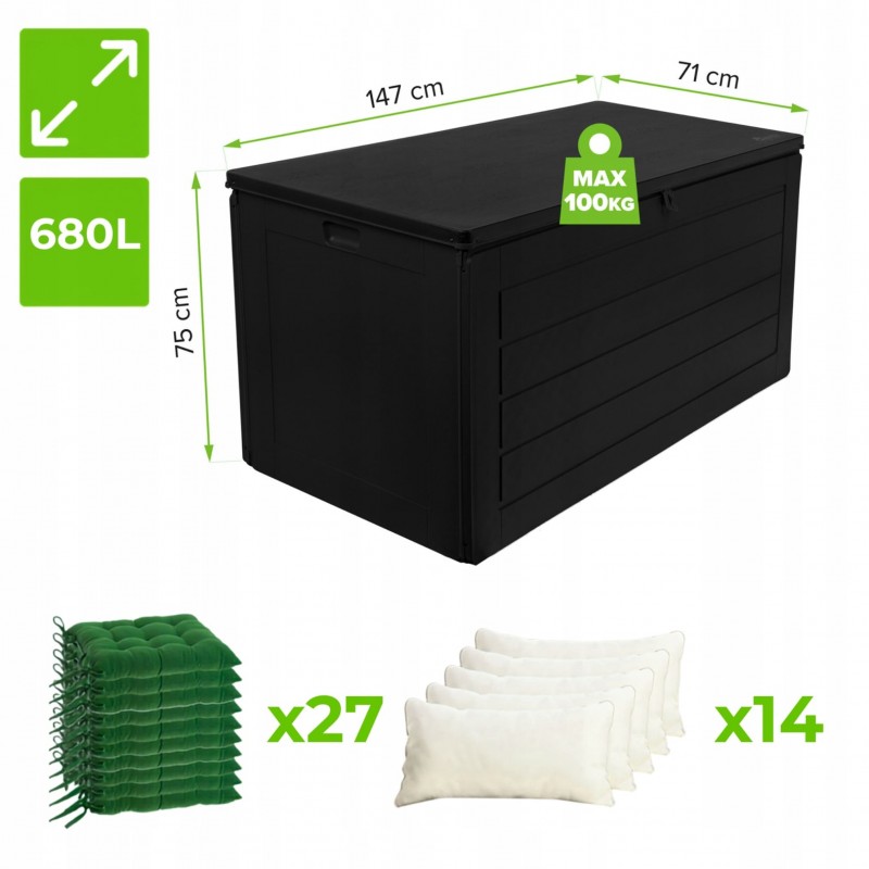 Gartenbox Gartentruhe 680L - schwarz mit Sitzgelegenheit - Padda