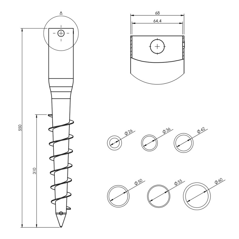 Einschraub Bodenhülsen Pfostenträger Feuerverzinkt - 68x550 PWO GRUNDLINE - 4